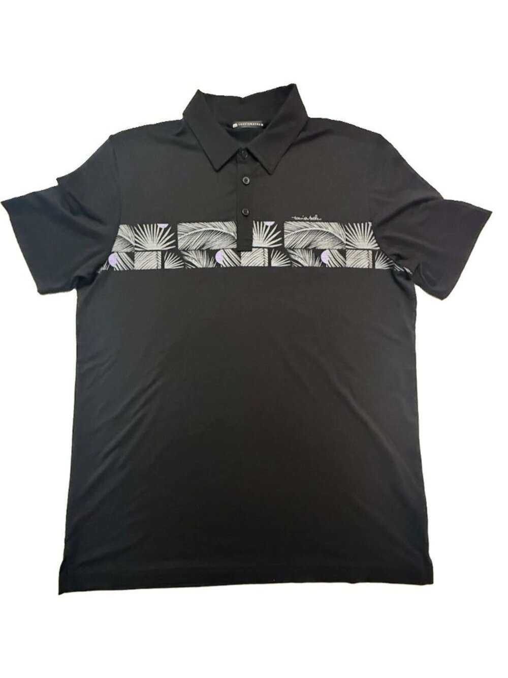 TravisMathew Men’s Golf Polo Shirt Black Tropical Print Performance Size L